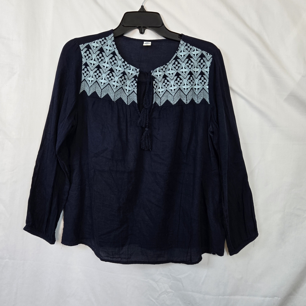 Old Navy Women's Boho Navy Embroidered Tassel Long Sleeve Peasant Blouse Medium